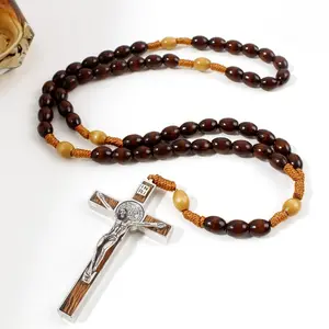 Classic Wooden Rosary Beads ,Handmade Catholic Rosary for Men and Women,Perfect for Rosarios Catolicos,Includes 3" Large Size Metal Saint Benedict Medal Cros