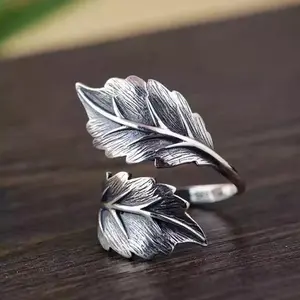 Bohemian vintage leaf ring for ladies - wide face leaf-shaped finger ring with adjustable opening christmas surprise thanksgiving hostess gift woman