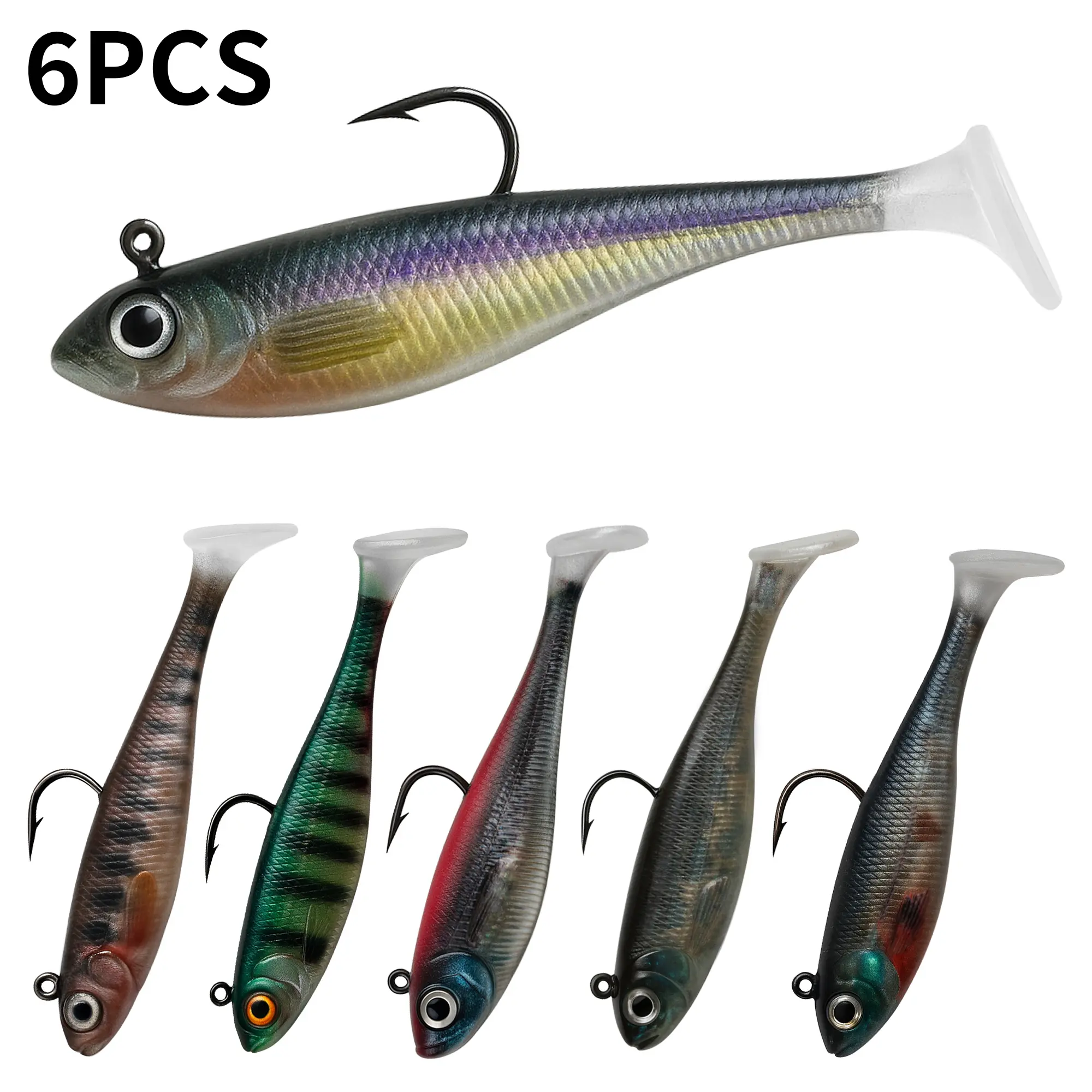 Bombrooster 6PCS Soft Paddle Tail Swimbaits with 3D Prism Eyes  Pre-Rigged  Lures with Jig Heads,