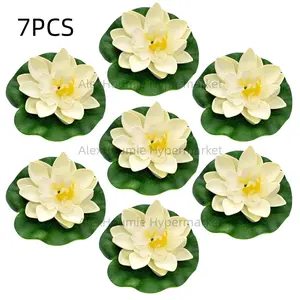 7 PCS Artificial Floating Foam Lotus Flower with Water Lily Pad Lifelike Ornament Perfect for Home Garden Pond Decor Decorations