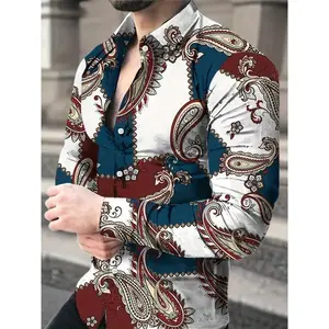 Menswear Top - Traditional Floral Paisley Print Long Sleeve Shirt for Spring & Fall, Casual Comfy Shirting BP363996 Polyester White
