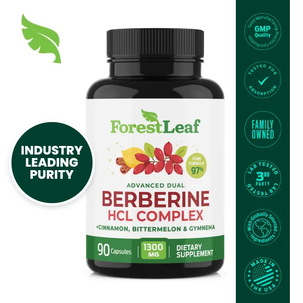 ForestLeaf Advanced Dual Berberine HCl 1300mg- 97% Tested Ultra Potency with Ceylon Cinnamon, Bitter Melon & Gymnema - 10:1 Extract Barberry-90 Count ForestLeaf Advanced Dual Berberine HCl 1300mg- 97% Tested Ultra Potency with Ceylon Cinnamon, Bitter Melon & Gymnema - 10:1 Extract Barberry-90 Count