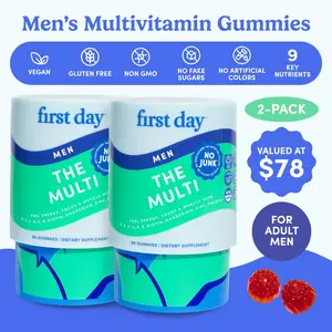 First Day Men's Multivitamin Gummies Ages 18+ - Vitamins A, C, D3, E, B12, Biotin, Magnesium, Zinc & Methylated Folate - 21 Organic Superfoods - Natural Orange Flavor - Vegan, Gluten-Free, No Junk - Supplement for Strength & Energy - 2-Pack, 60-Day Supply