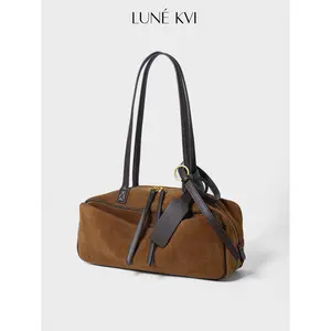 LUNÉ KVI 2025 New Vintage Nubuck Cowhide Bowling Bag for Women Commuter Large Capacity Boston Bag Elegant Genuine Leather Tote Versatile Trendy Shoulder Bag Underarm Bag