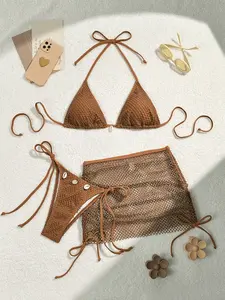 Three-Piece Set Women's Solid Bikini Set, Casual Fishing Net Cover Up Skirt & Swim Top & Swim Bottom, Fashion Chic Ladies Bathing Suit for Beach Holiday Vacation, Summer Swimsuit Set