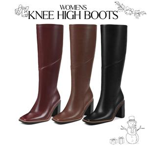 Womens Knee High Boots Square Toe Wide Block Heel Side Zipper Comfy Office Outdoor Nightclub Walking Party Casual Winter Fall Wide Calf Boot Best Christmas Gifts
