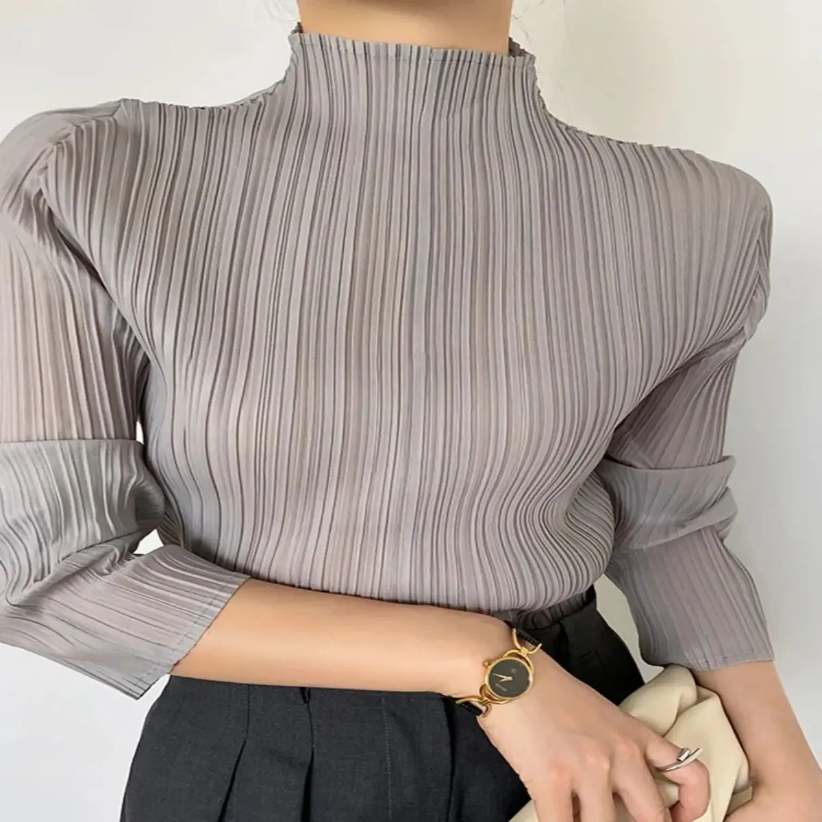Women's Aria Muse Pleated High Neck Long Sleeve T-Shirt - 2026 Autumn Winter Designer Slim Fit Soft Comfortable Blouse, Casual Chic Elegant