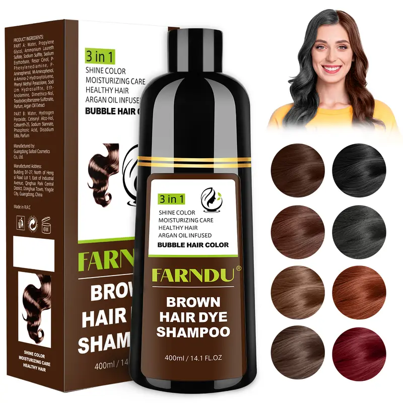 FARNDU-Hair Color Shampoo, Hair dye, 10 Mins Hair Color, Fruity aroma, 3-In-1 Gray Hair Coverage–Plant extracts-Long Lasting–Ammonia-Free Haircare Oil ,Argan Oil Scent Bowl (400 mL), Brown