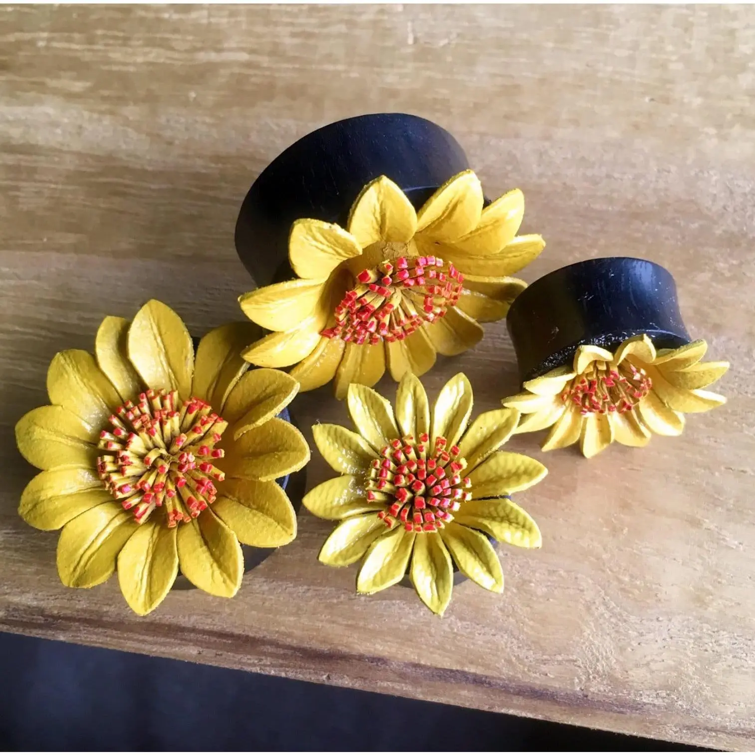 PAIR of Beautiful Yellow Leather Flower and Organic Horn Plugs