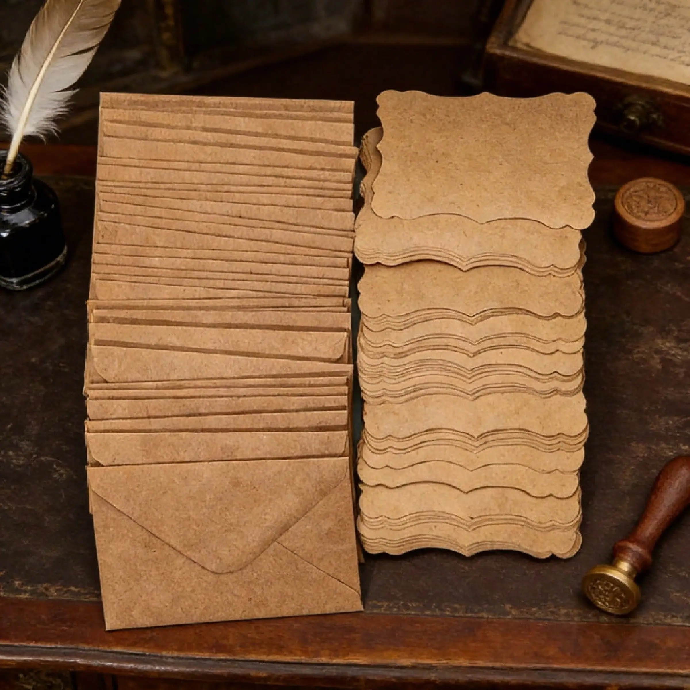 60pcs Creative Kraft Paper Envelope and Gift Card Set, Vintage Envelopes with Blank Wavy Lace, 30 Envelopes + 30 Thank You Greeting Cards