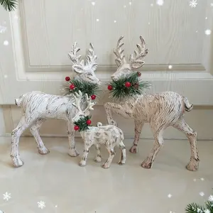 3PCS Plastic Mini Reindeer Figurines Set - 8.6 Inches Tall (Largest) | Vintage Distressed Christmas New Year Winter Multi-Holiday Decor with Berry & Pine | Home/Table/Fireplace/Floor Standing Ornament Decoration - Holiday Gift