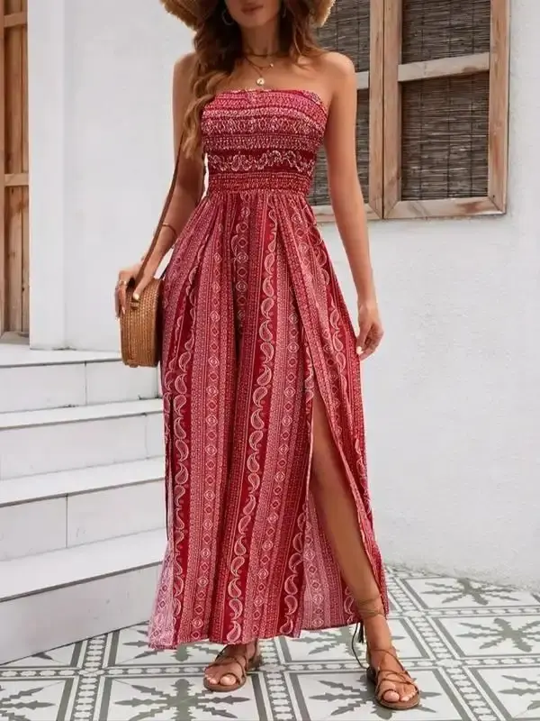 Women's All Over Print Shirred Split Thigh Tube Jumpsuits, Boho Casual Strapless Sleeveless Wide Leg Jumpsuit for Beach Holiday Vacation, Ladies Summer Clothes, Bohemian Womenswear