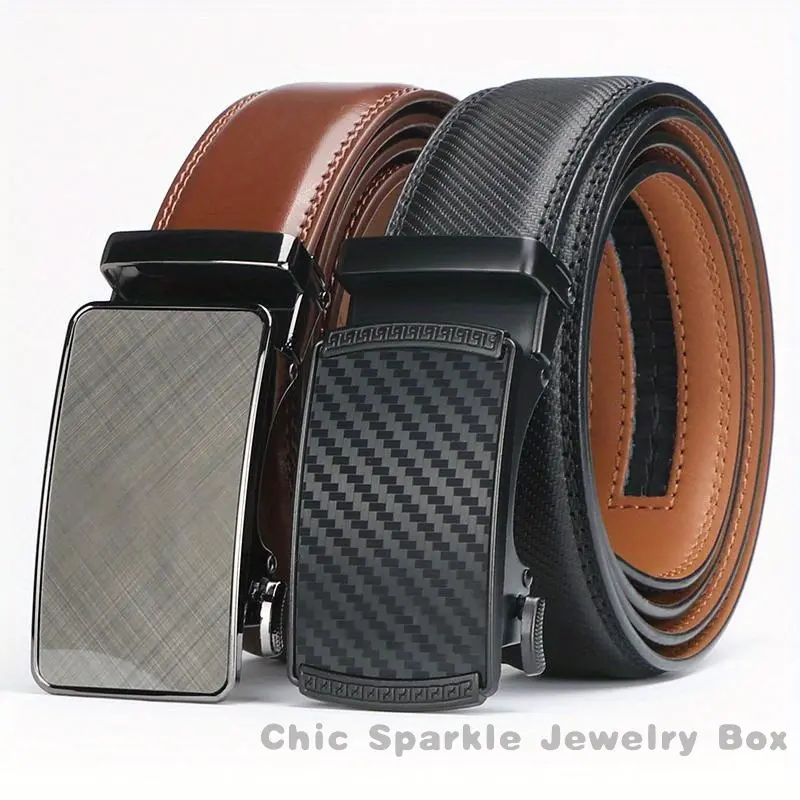 SM2 Pack Men's Genuine Leather Ratchet Belt-Adjustable Automatic Alloy Buckle, Simple Style, High Quality Leather, Suitable for Leisure and Business