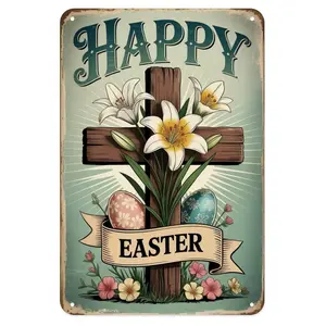 Happy Easter Cross Lily Flowers And Eggs Vintage Easter Metal Sign Print Aesthetic Room Decoration for Home Bedroom Kitchen Bar Coffee Bathroom Indoor Outdoor Wall Decor, 8 X 12
