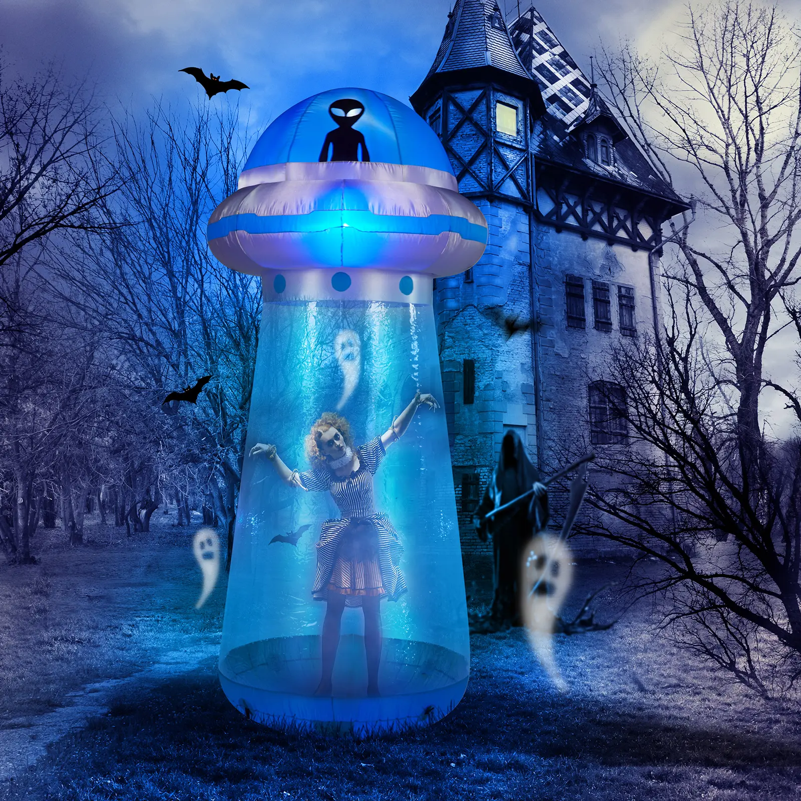 Halloween Inflatable UFO Yard Decoration, Fun Tall Blow up Yard Decor with Built-in LED Lights and Stand Inside Design for Holiday Party Yard Lawn Garden Decor Indoor Outdoor