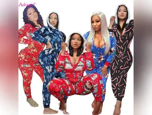 Adogirl Christmas Sexy Print Zipper Hooded Jumpsuit V Neck Xmas Long Sleeve Slim One Piece Overall Night Club Party Romper