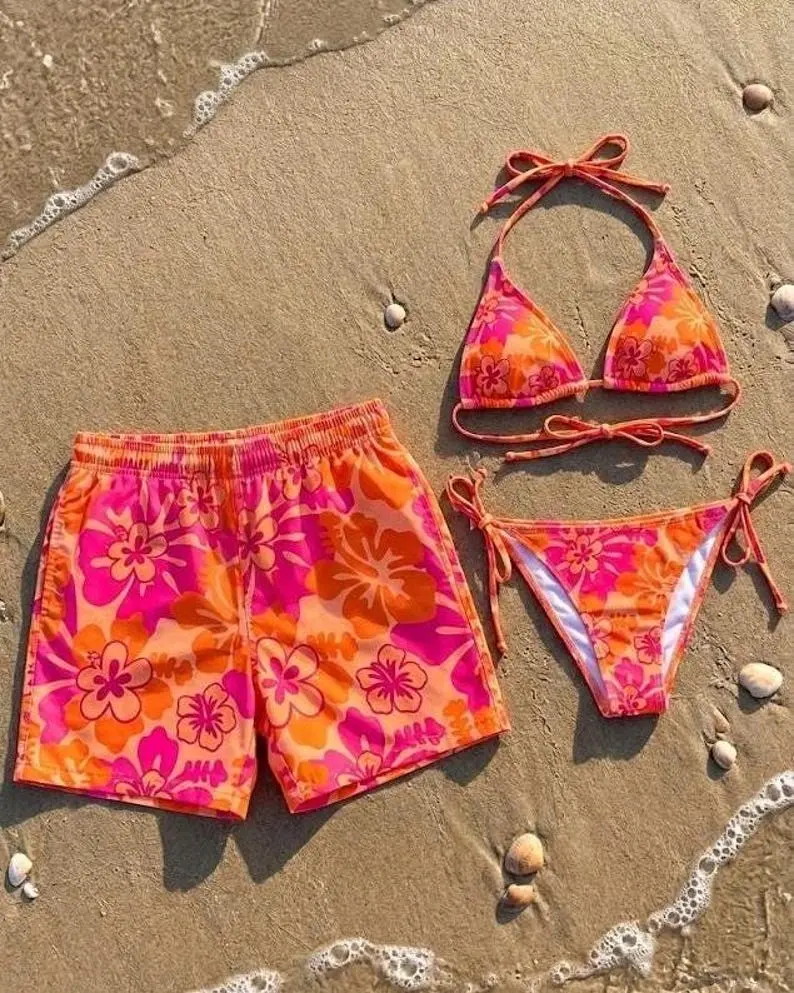 Matching Couple Swimwear Orange Pink Hibiscus, His and Hers Summer Outfits, Floral Bikini and Swim Trunks Set