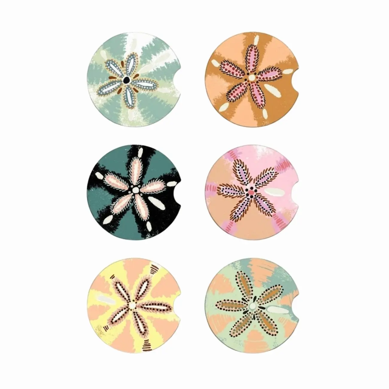 Coastal Sand Dollar Soapstone Car Coasters with Finger Notch - Beach Theme Absorbent Cup Holder Inserts