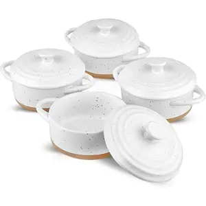 HVH 12 oz with Lids, Mini Casserole Dish with Lid Oven Safe, Small Casserole Dish Set, Oven Safe, Mini Baking Dishes for Oven with Lids, Farmhouse Style (White)