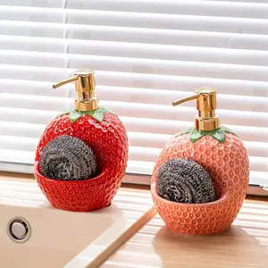 Cute Strawberry Liquid Soap Dispenser Bottle with Storage Slot, Press Type Ceramic Hand Wash Pump for Kitchen Bathroom Use