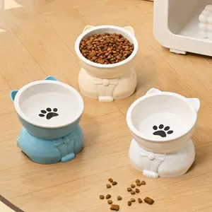 Cute Ceramic Cat Bowl, High Foot Design, Protects Neck, Slanted Edge for Easy Eating & Drinking, Pet Feeding Dish