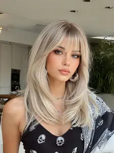 Women's Short Straight Bob Wig with Bangs in /golden Dark Root, Heat-Resistant Synthetic Hair for Daily Use, Lightweight & Heat-Stylable for Parties and Photo Shoots, Synthetic Material Wigs