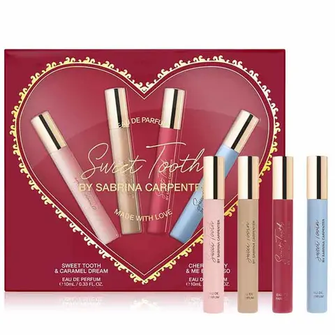 Sabrina Carpenter Sweet Tooth Travel perfume Spray Variety Set (.33oz Sweet Tooth + .33oz Cherry Baby +.33oz Caramel Dream + .33oz Me Espresso )