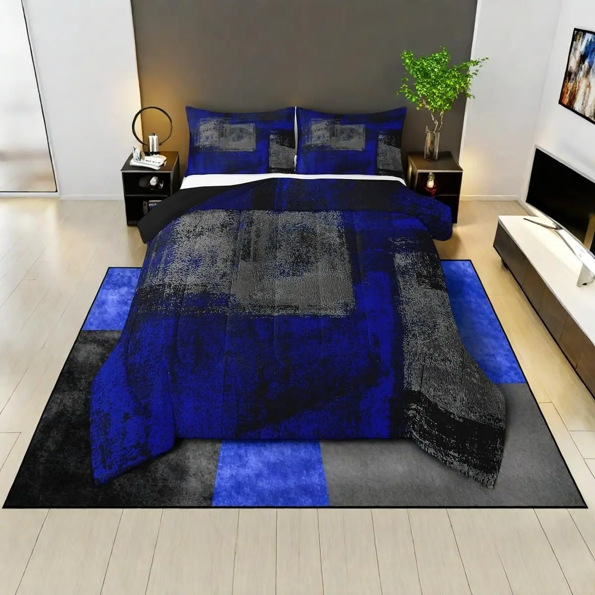 Feelyou Grunge Abstract Decorative Bedding Set - Dark Blue Black Grey Breathable Comfy Microfiber Comforter Set, Watercolor Hippie Graffiti Down Duvet Insert, Trippy Tie Dye Ombre Quilt, Breathable Duvet Set