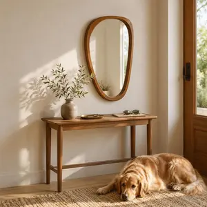 Solid Wood 30"x20" Irregular Asymmetrical Mirror, Japandi Boho Organic Shaped Decorative Accent Mirror, Small Natural Honey Walnut Wooden Wall-Mounted Mirror for Living Room Bedroom Hallway, Warm Walnut