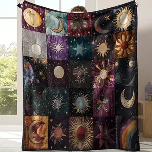 Vintage Sun Moon Celestial Patchwork Throw Blanket - Boho Witchy Solar‑Lunar Grid Print Blanket, Cozy Soft Blanket with Artistic Sun, Moon & Star Illustrations, Perfect for Astrology & Spiritual Lovers