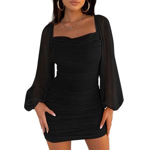 OYS Women's Mesh Long Sleeve Dress Square Neck Ruched Mini Bodycon Dress Stretch Party Cocktail Dresses