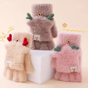 1 Pair Kids Gloves Winter Warm Thickened Flip Gloves Writing Open Finger Girl Plush Half Finger Gloves Cute Cartoon Winter Boy Five Finger Gloves Suitable for Daily Wear Outing Suitable for Children Aged 3