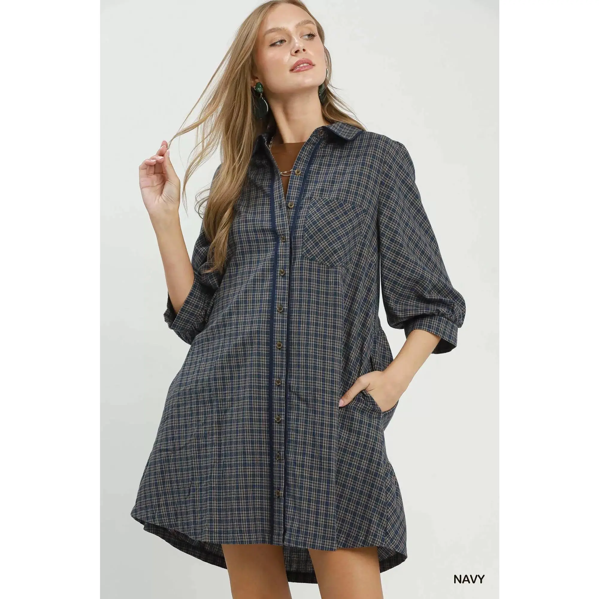 Umgee Plaid Button Down Oversized Shirt Dress
