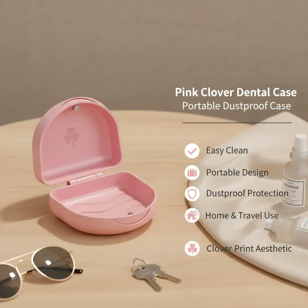 BVN Pink Clover Print Oral Appliance Storage Case - Easy Clean, Portable Dustproof Holder for Retainers, Aligners, Dentures (Home & Travel Use)