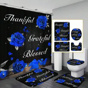4pcs Bathroom Sets Royal Blue Rose Shower Curtain Set, Thankful Grateful  Bathroom Sets With Shower Curtain And Rugs And Accessories, Elegant Floral Shower Curtain With Bath Mat Set And 12 Hook, Shower Curtain For Bathroom Home Decor