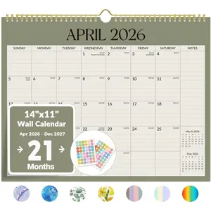Calendar 2026-2027, Wall Calendar from Apr 2026 to Dec 2027, 14" x 11" Large Monthly Planner with Notes Section & Cute Stickers, Ruled Block, Spiral Binding Hanging for Home Office