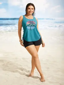 BLOOMCHIC Island Print Drawstring Adjustable Swim Top Tankini set top Swimsuit Tankini Swimdress Teal Color Loose Fit Stretch Material Summer Beach Vacation 2026 Spring Break Gift For Easter's Day Mother's Day