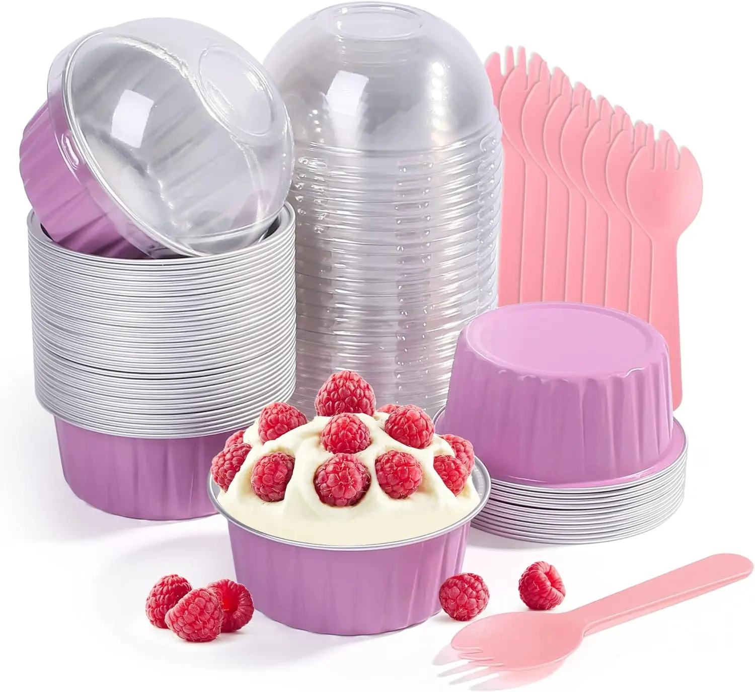 50Pcs Cupcake Liners with Dome Lids Mini Aluminum Foil Baking Cups Muffin Liners Tins 5oz/125ml 50 Spoons for Wedding Birthday Party Air Fryer Bake Desserts Disposable
