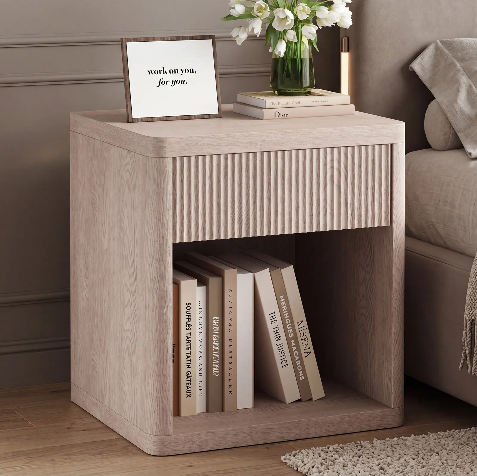 Modern Rustic Nightstand with Drawers - Assembled LED Light Indoor Apartment Furniture, White Oak Tabletop, Particleboard Build, Storage Compartment, Quick Set-Up, Fits Most Beds, Room Decor