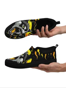 Men's Wolf Print Low Top Sneakers, Casual Comfortable Lightweight Sports Shoes for Daily Wear, Male All-match Round Toe Shoes for Daily Wear, Closed