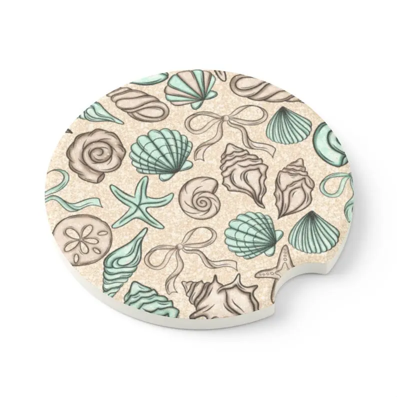 Coastal Seashell Soapstone Car Coaster | Starfish, Sand Dollar Cup Holder Insert