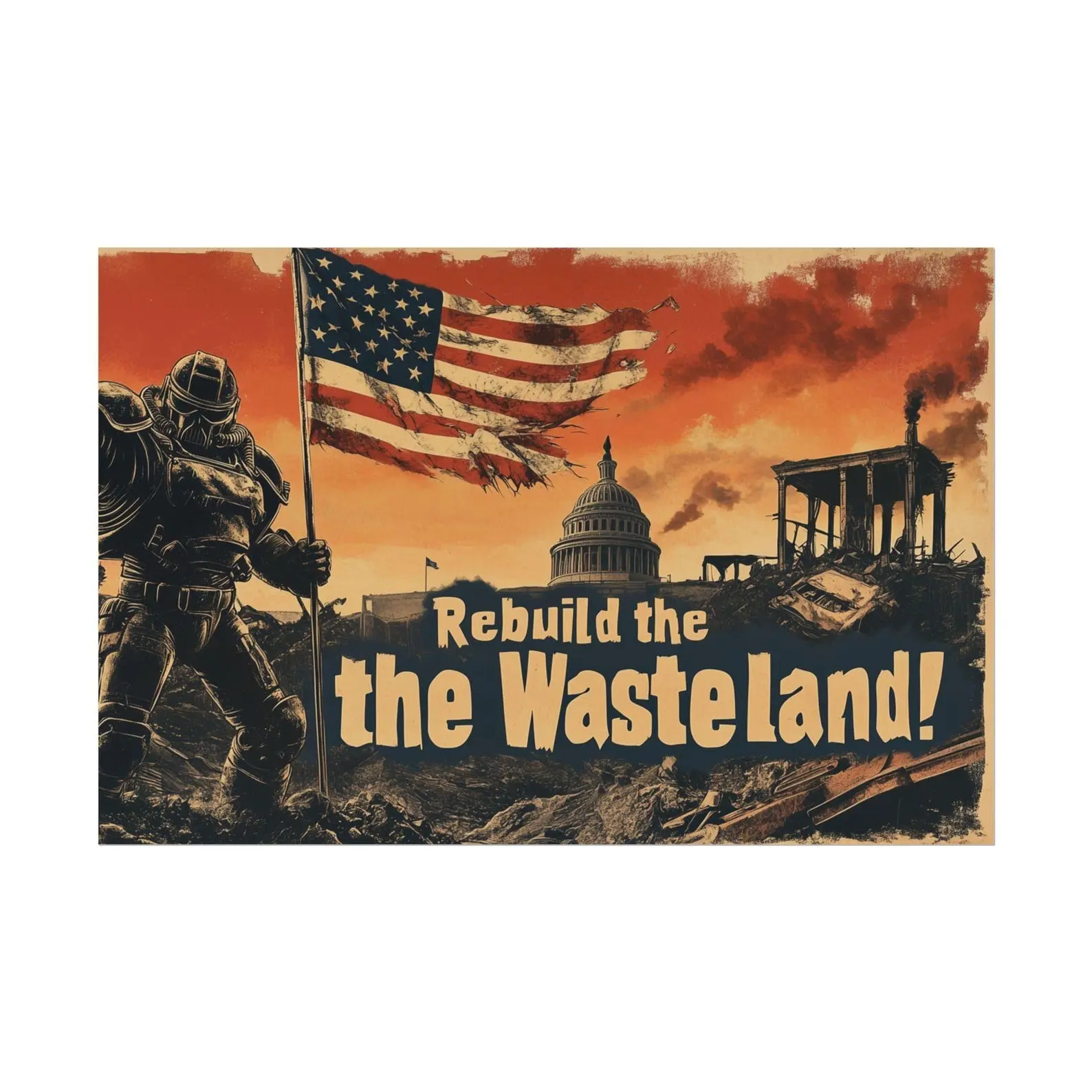 Fallout New Vegas Travel Poster Rebuild the Wasteland Vintage Power Armor Art Print Post Apocalyptic Wall Decor Fallout Propaganda Style Poster 170 gsm Premium Luster Photo Paper USA Printed