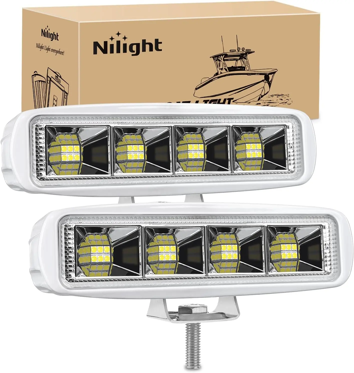 Nilight 2PCS 72W Waterproof Marine LED Pods - Aluminum Alloy Build, Adjustable Mounts, White Flood Beam Vehicle Accessories for Night Fishing, Pontoon Boats