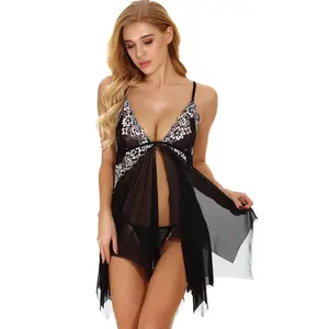 Women's Black Lace Trim Sheer Mesh Babydoll Lingerie Set - Irregular Hem, Matching G-String, Silk Slip Nightwear, Womenswear - Ideal for Bridal Nights, Romantic Evenings