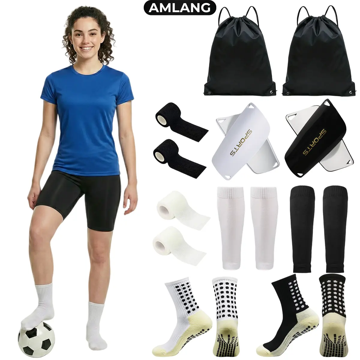 AMLANG 5/10pcs Soccer Training Gear Set for Men Women Youth, Grip Socks Shin Guard Sleeves Leg Bands with Drawstring Bag Football Accessories Kit Gripsocks