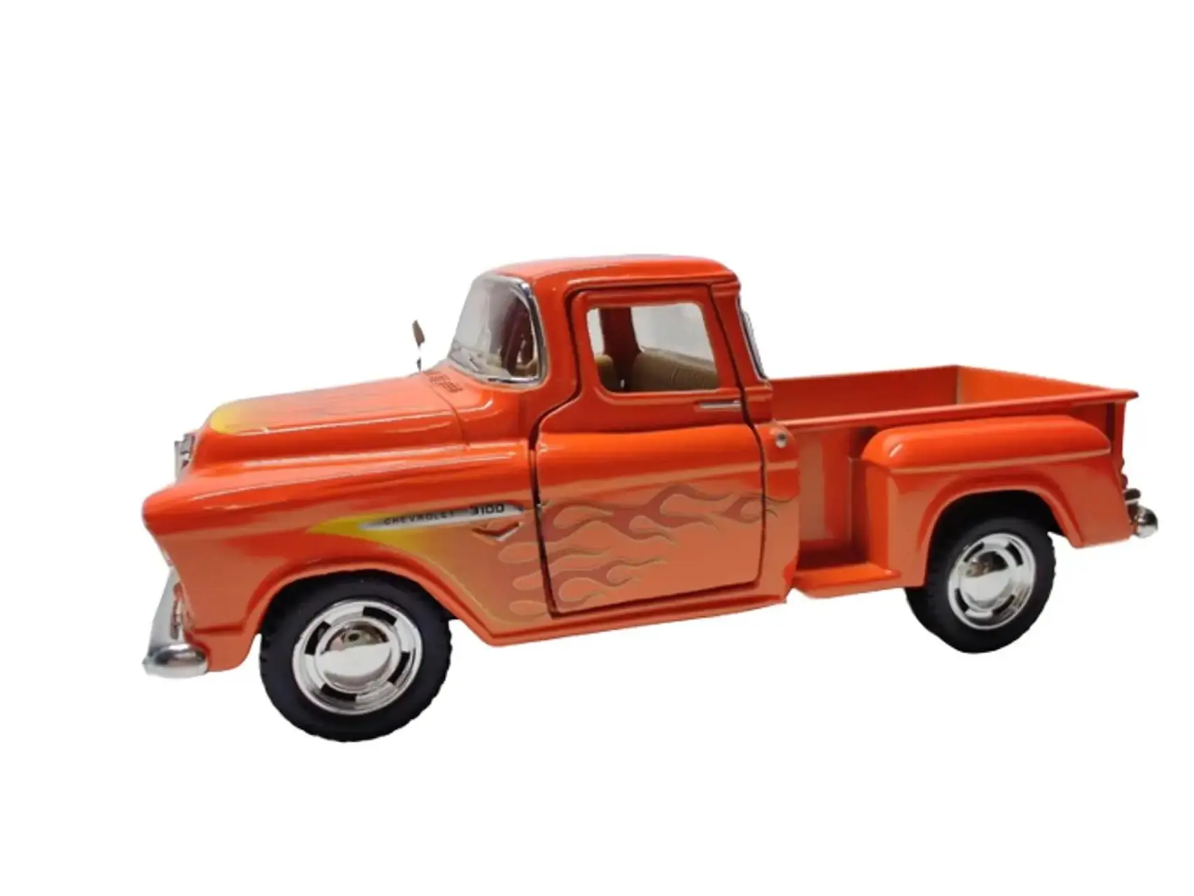 KINSMART 1955 Chevy Stepside Pick Up 1:32 Scale 5 Inch Die Cast Metal Remote Control Car with Openable Doors and Pull Back Action Orange Classic Model Car
