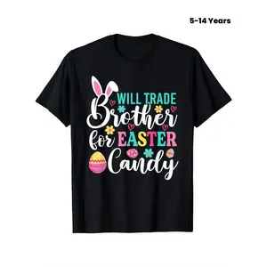 1pc Easter Kids' Brother Candy Print Black T-Shirt | Crew Neck, Casual Tee, Medium Stretch Knit Fabric, Regular Fit for Boys & Girls, Easter Egg Pattern, Perfect for Spring/Summer/Fall Easter, Halloween, Saint Patrick'S Day, Valentine'S Day