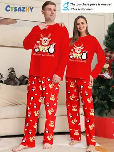 MEN/WOMEN couple Christmas long-sleeved trousers loungewear pajamas pajamas set, Christmas elk and penguin combination print elements, crew neck design, Christmas set, men's or women's, single set