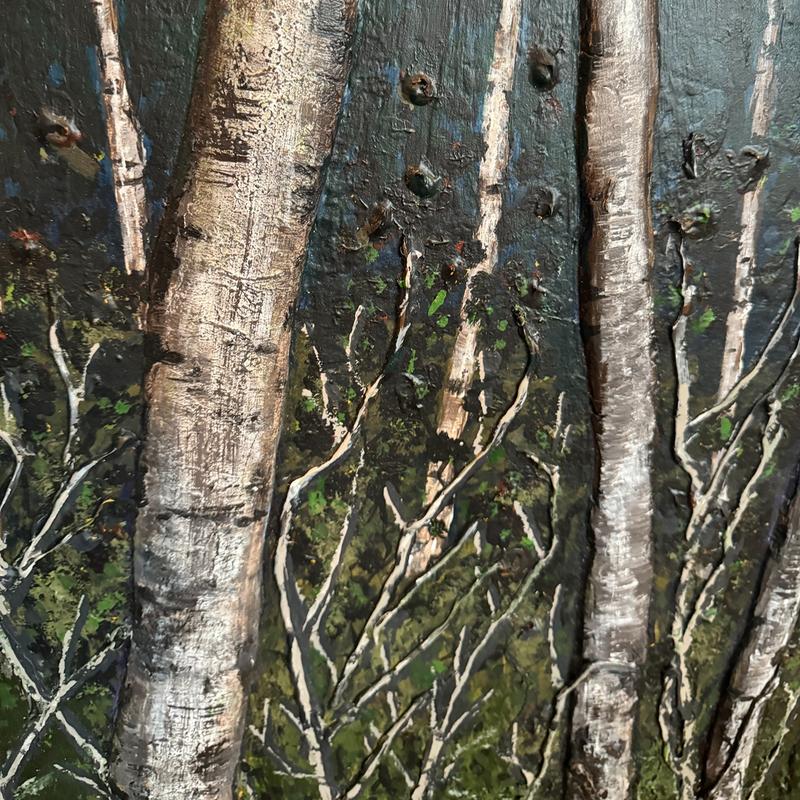 "INTO THE WOODS" Large Acrylic, Oil and Relief Work wall hanging-painting by artist Vanessa Riggs