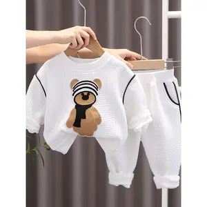 [Cute Bear Sweatshirt Set] Soft, Stretchy Boy's Long Sleeve Sweatshirt & Pants Set |         Cute Cartoon Bear Design, Round Neck, Fall & Spring Casual Wear, Comfortable Fit, Bear Print, for Outdoor